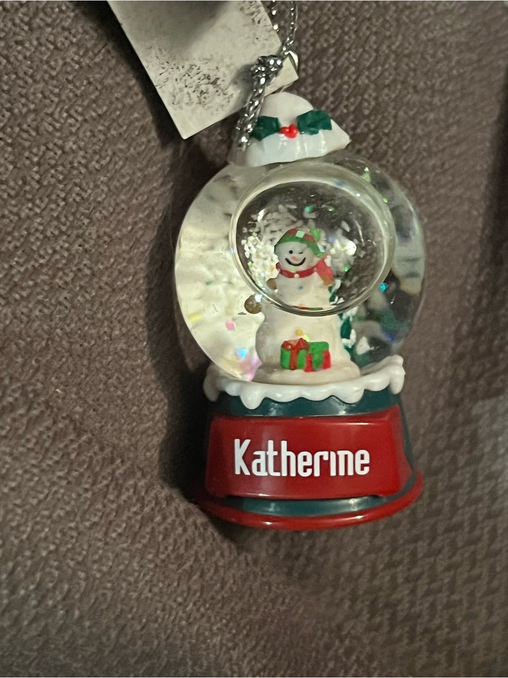 Personalized Red Snowman Snow Globe Ornament - Katherine